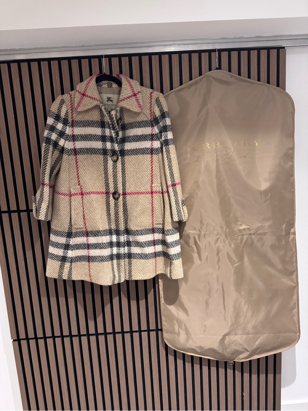 Burberry Beige Plaid Wool Coat with Black and Red Accent